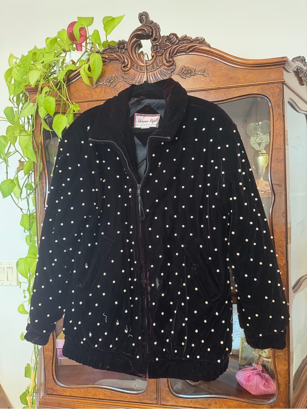 Vintage Adrianna Papell Velvet Pearl Studded Bomber Jacket M Made in Korea